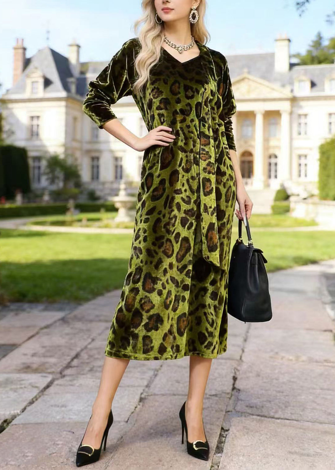 French Green V Neck Leopard Print Velvet Dress Spring - Omychic