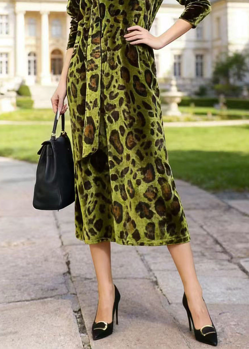French Green V Neck Leopard Print Velvet Dress Spring - Omychic