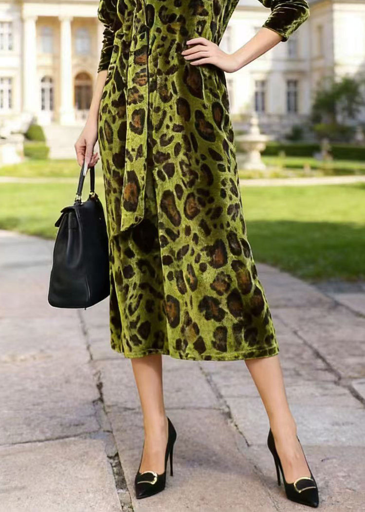 French Green V Neck Leopard Print Velvet Dress Spring - Omychic