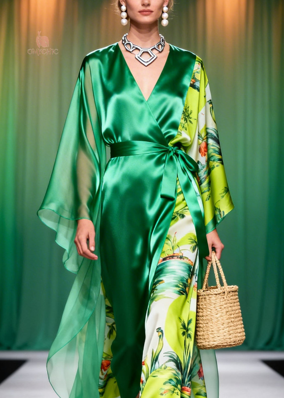 French Green V Neck Print Patchwork Chiffon Long Dresses Spring