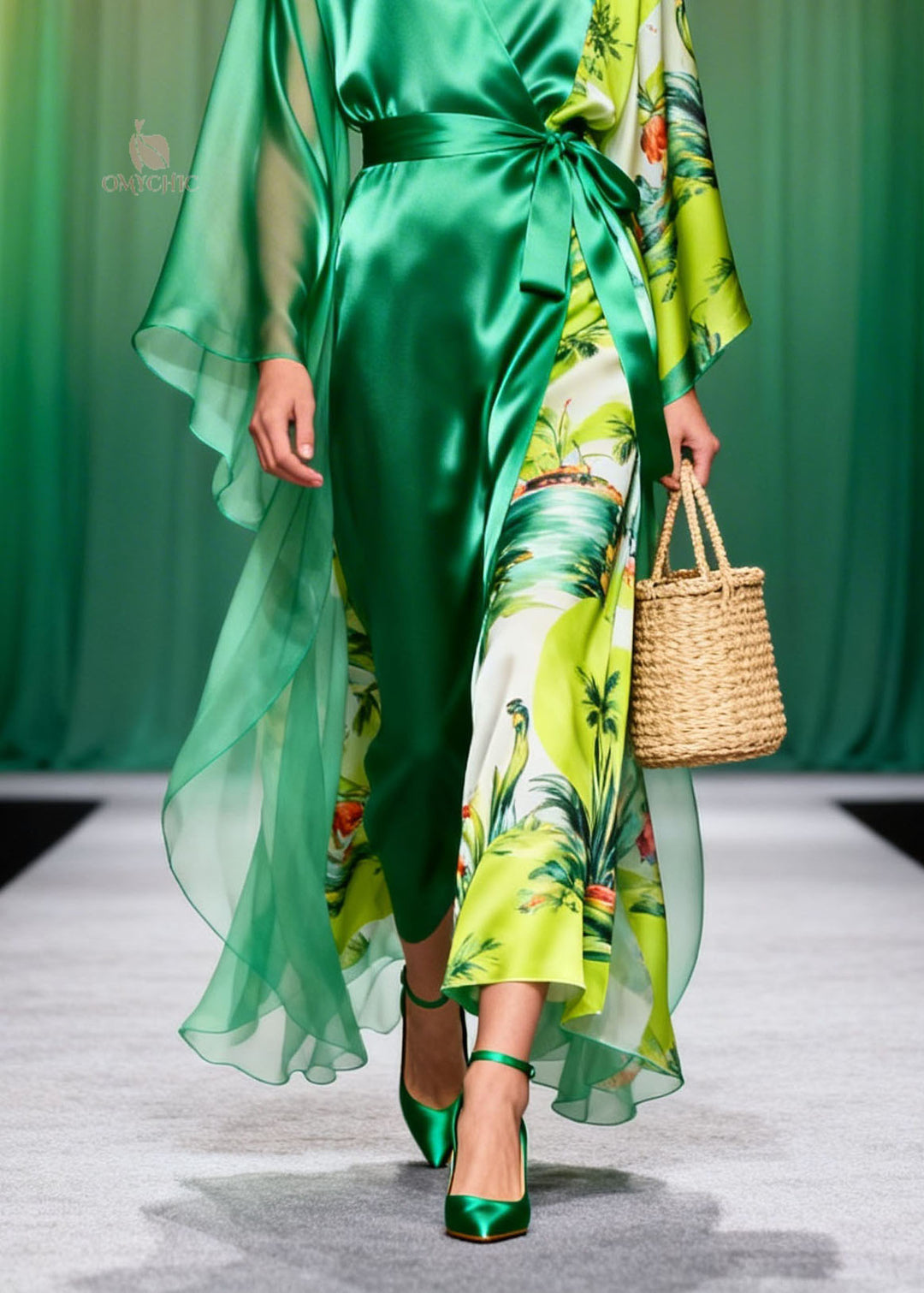 French Green V Neck Print Patchwork Chiffon Long Dresses Spring