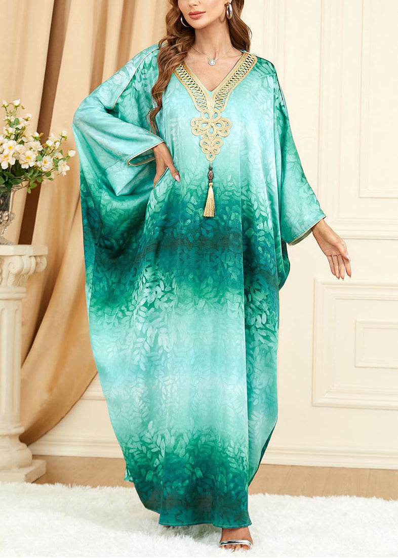 French Green V Neck Print Silk Maxi Dresses Batwing Sleeve