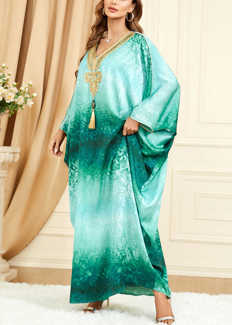 French Green V Neck Print Silk Maxi Dresses Batwing Sleeve