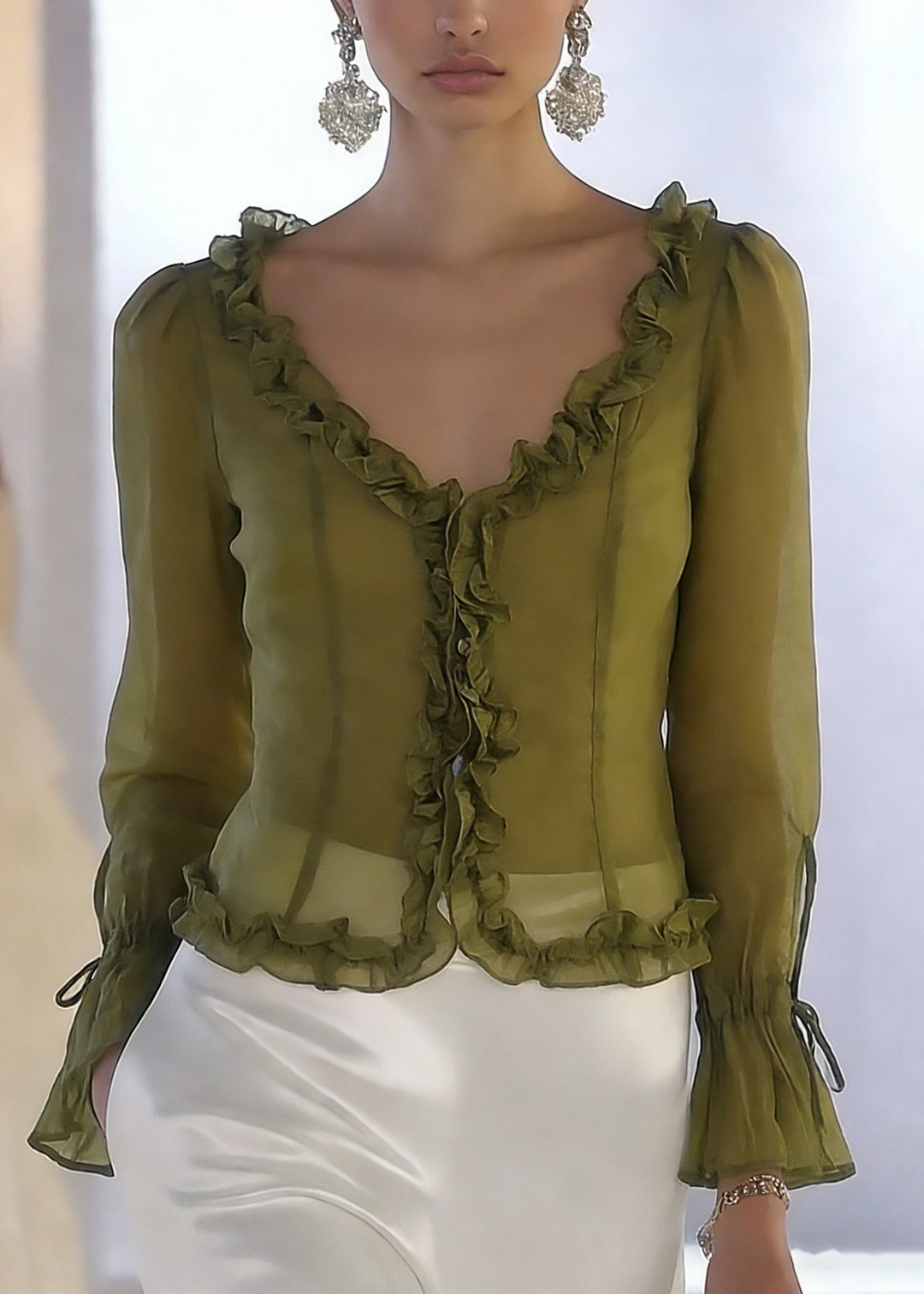 French Green V Neck Ruffled Lace Up Chiffon tops Spring