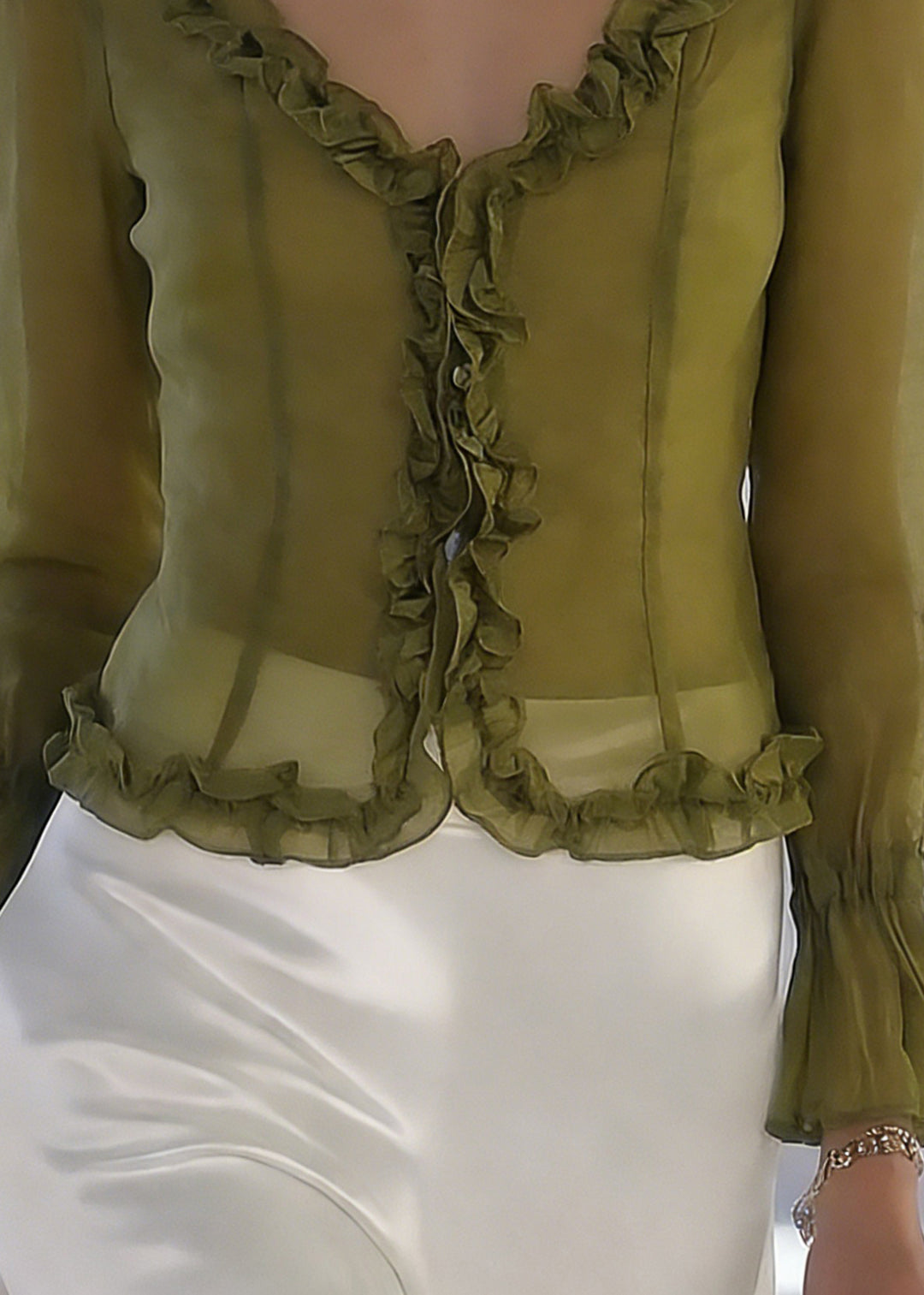 French Green V Neck Ruffled Lace Up Chiffon tops Spring