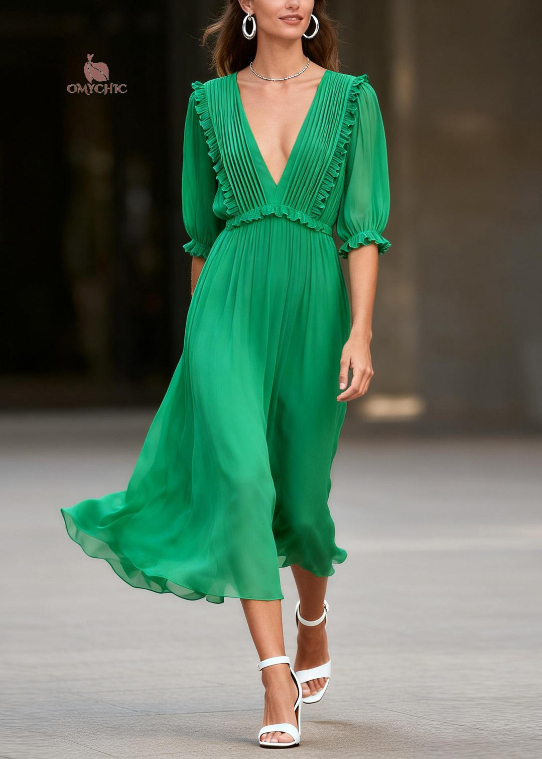 French Green V Neck Ruffled Patchwork Chiffon Dress Summer