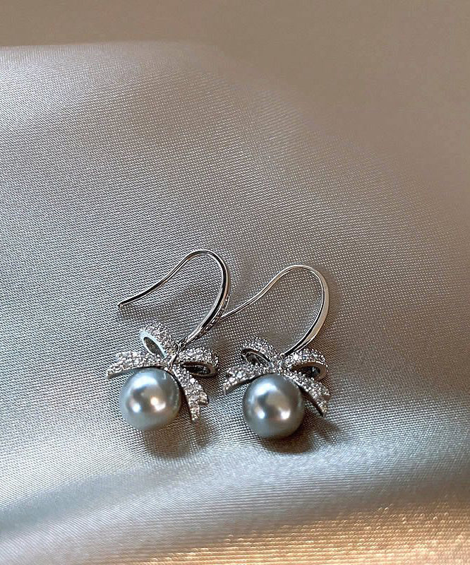 French Grey Alloy Zircon Pearl Bow Drop Earrings