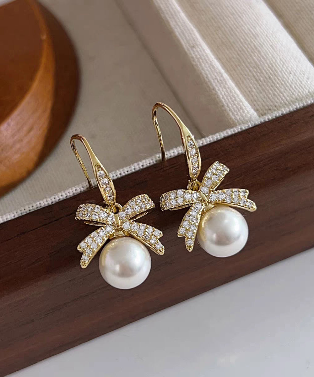 French Grey Alloy Zircon Pearl Bow Drop Earrings