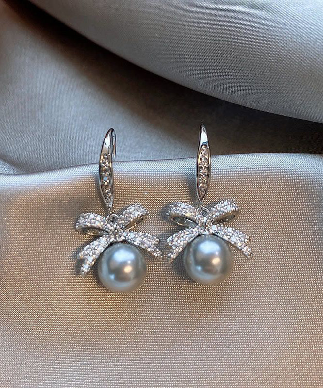 French Grey Alloy Zircon Pearl Bow Drop Earrings