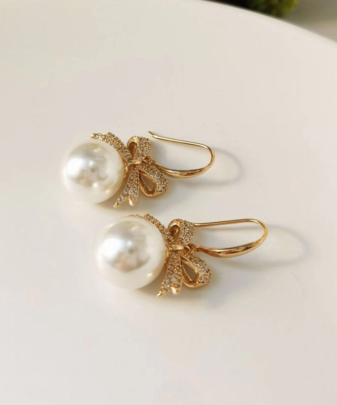 French Grey Alloy Zircon Pearl Bow Drop Earrings