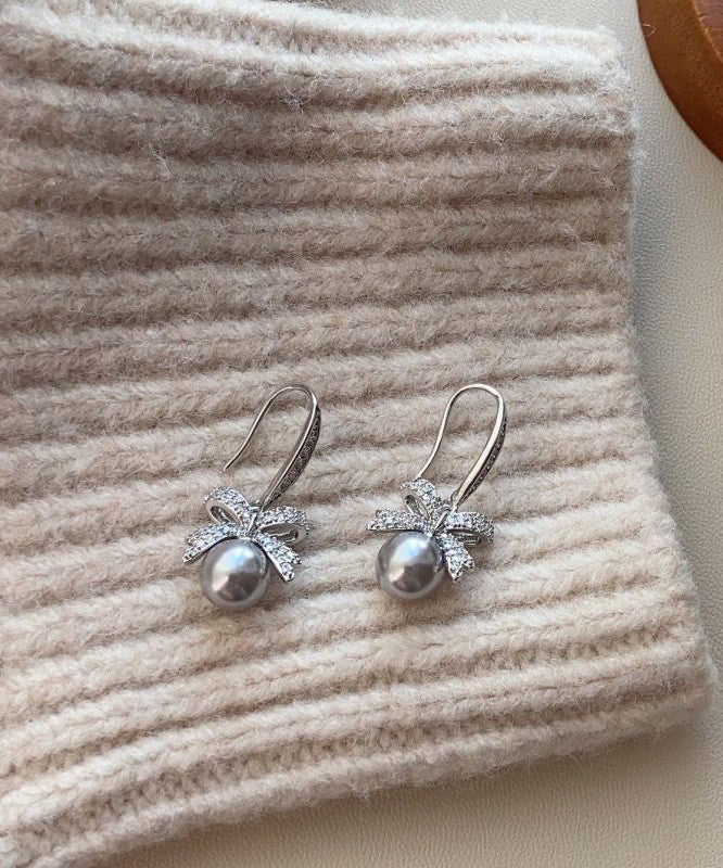 French Grey Alloy Zircon Pearl Bow Drop Earrings