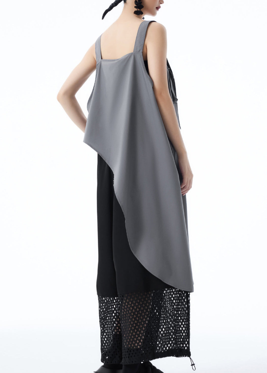 French Grey Asymmetrical Design Pockets Patchwork Cotton Top Summer