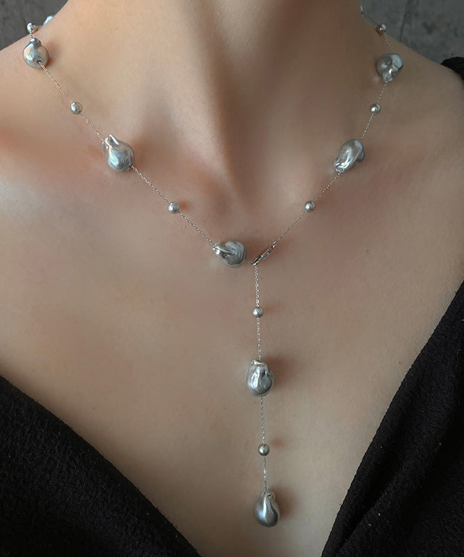 French Grey Baroque Pearl Silver Necklace