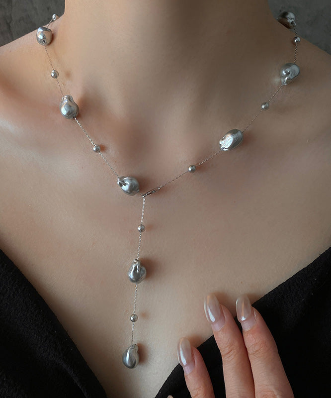 French Grey Baroque Pearl Silver Necklace