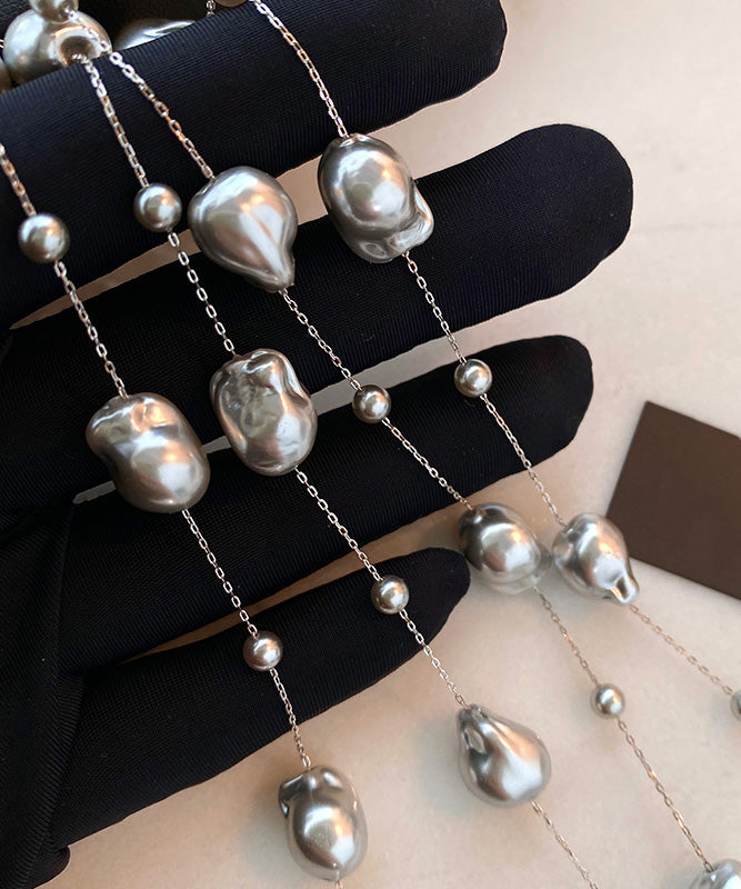 French Grey Baroque Pearl Silver Necklace