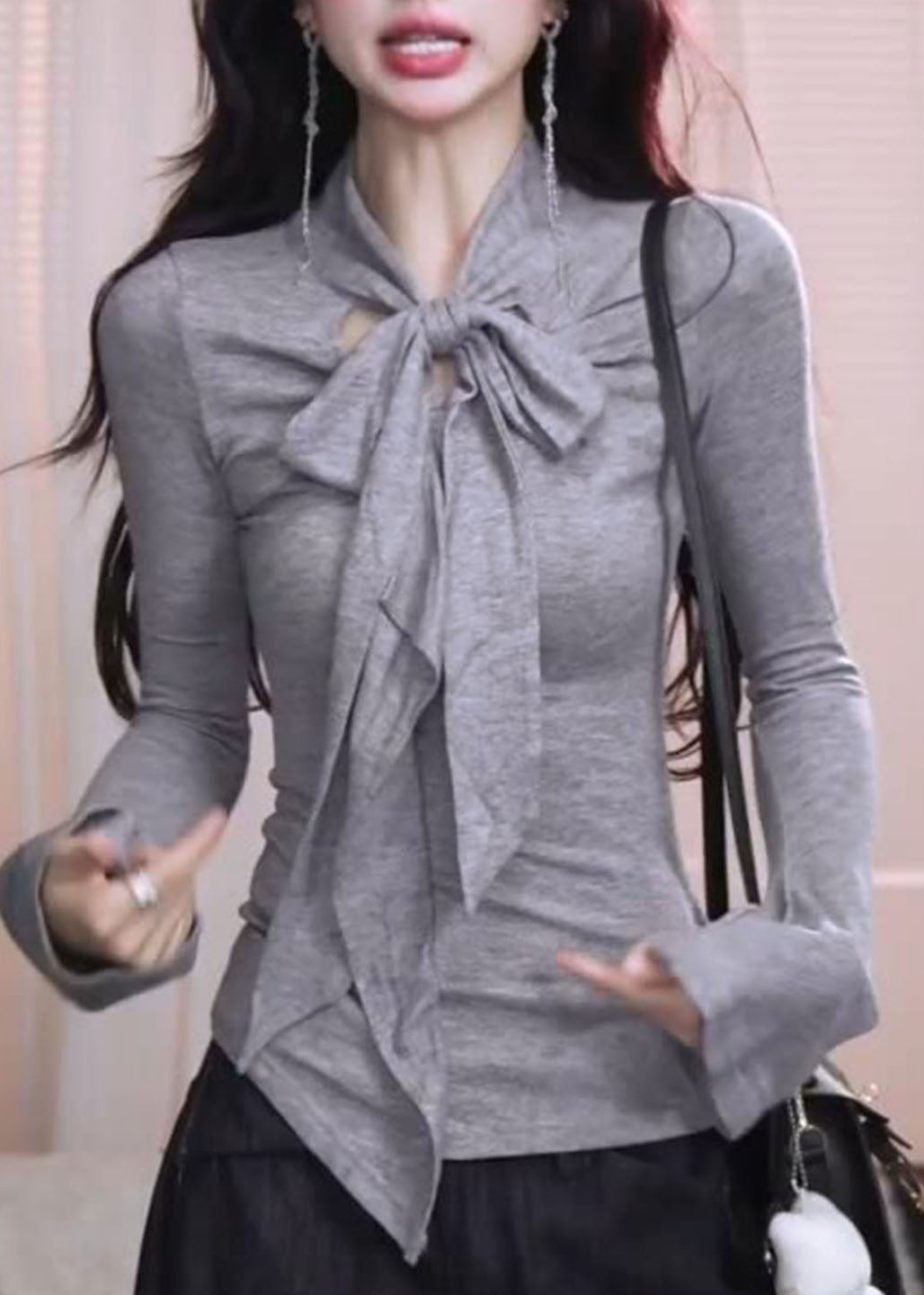 French Grey Bow Patchwork Cotton Shirt Tops Fall