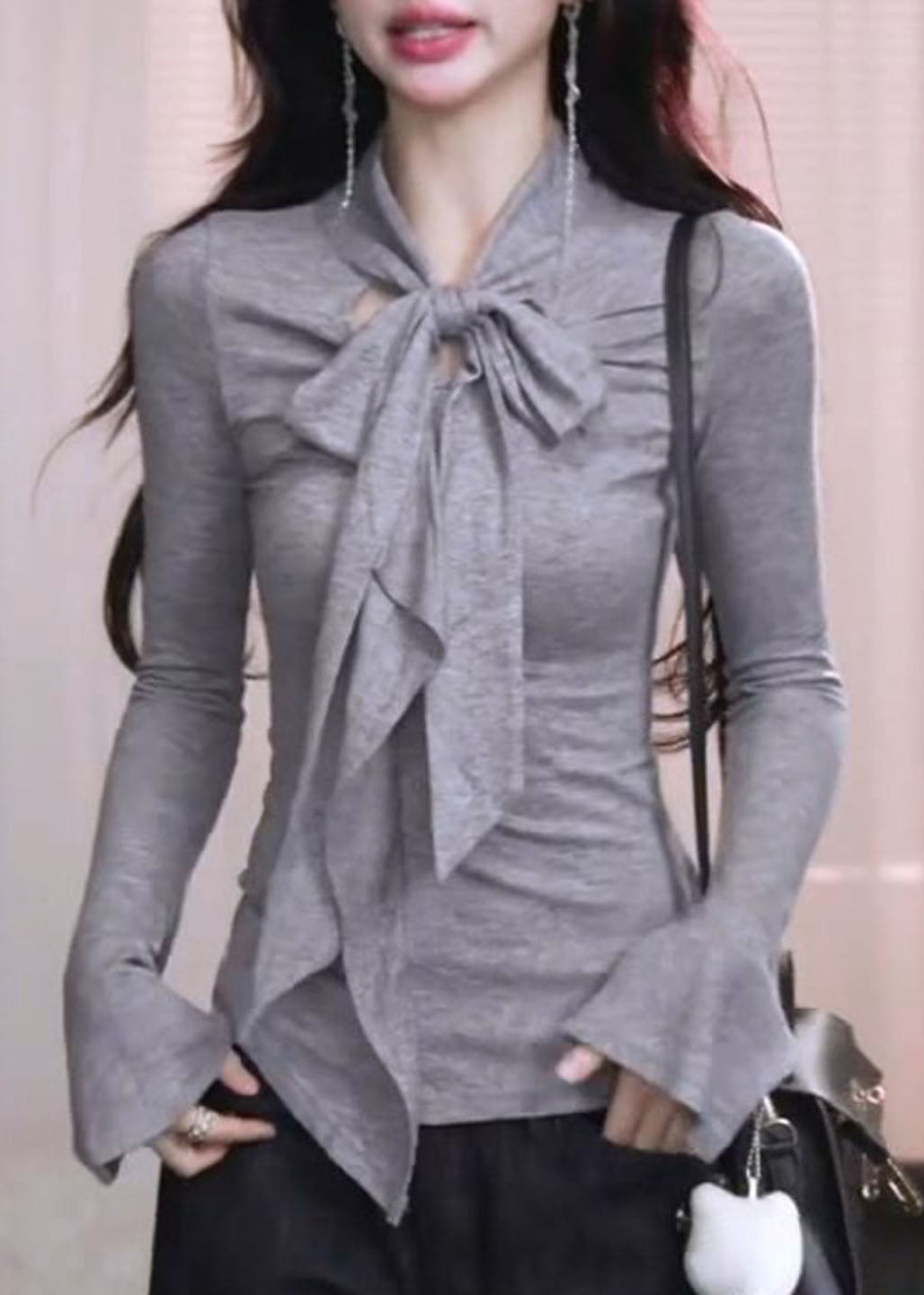 French Grey Bow Patchwork Cotton Shirt Tops Fall