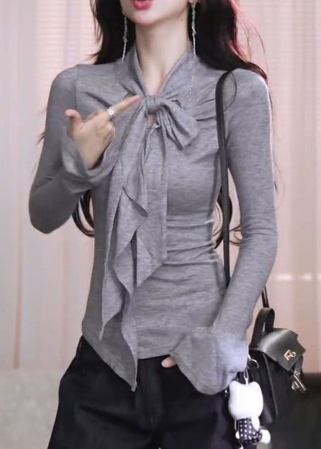 French Grey Bow Patchwork Cotton Shirt Tops Fall