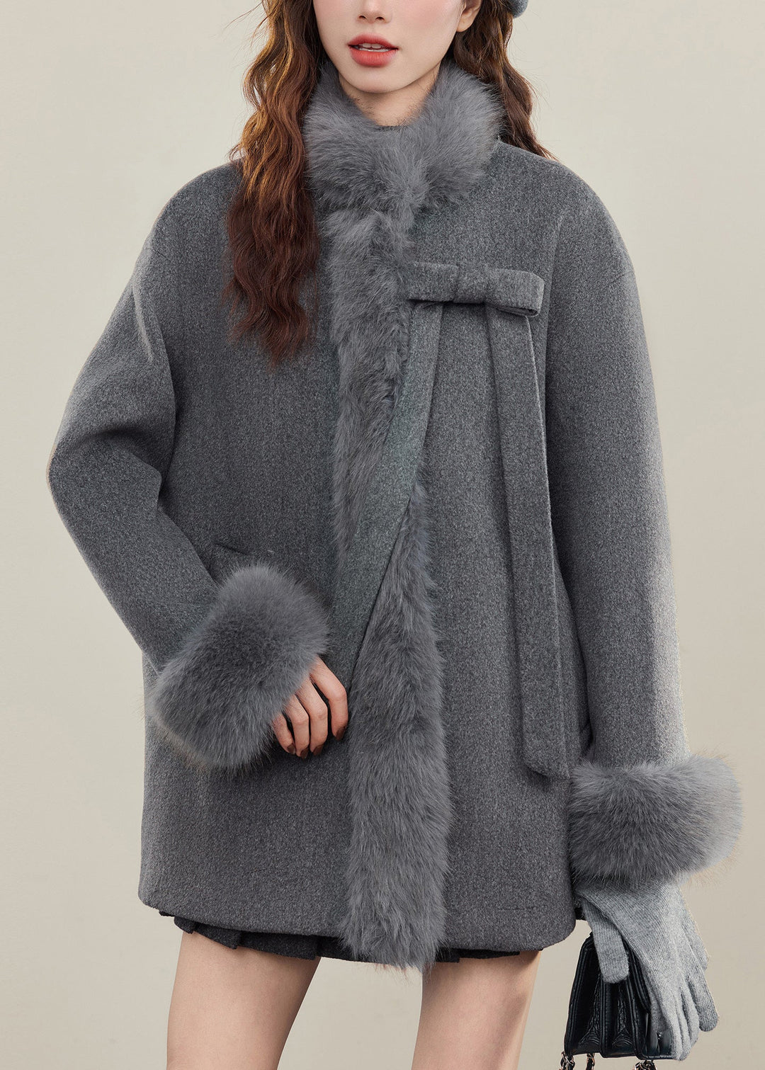 French Grey Bow Woolen Coats Fur Collar Winter