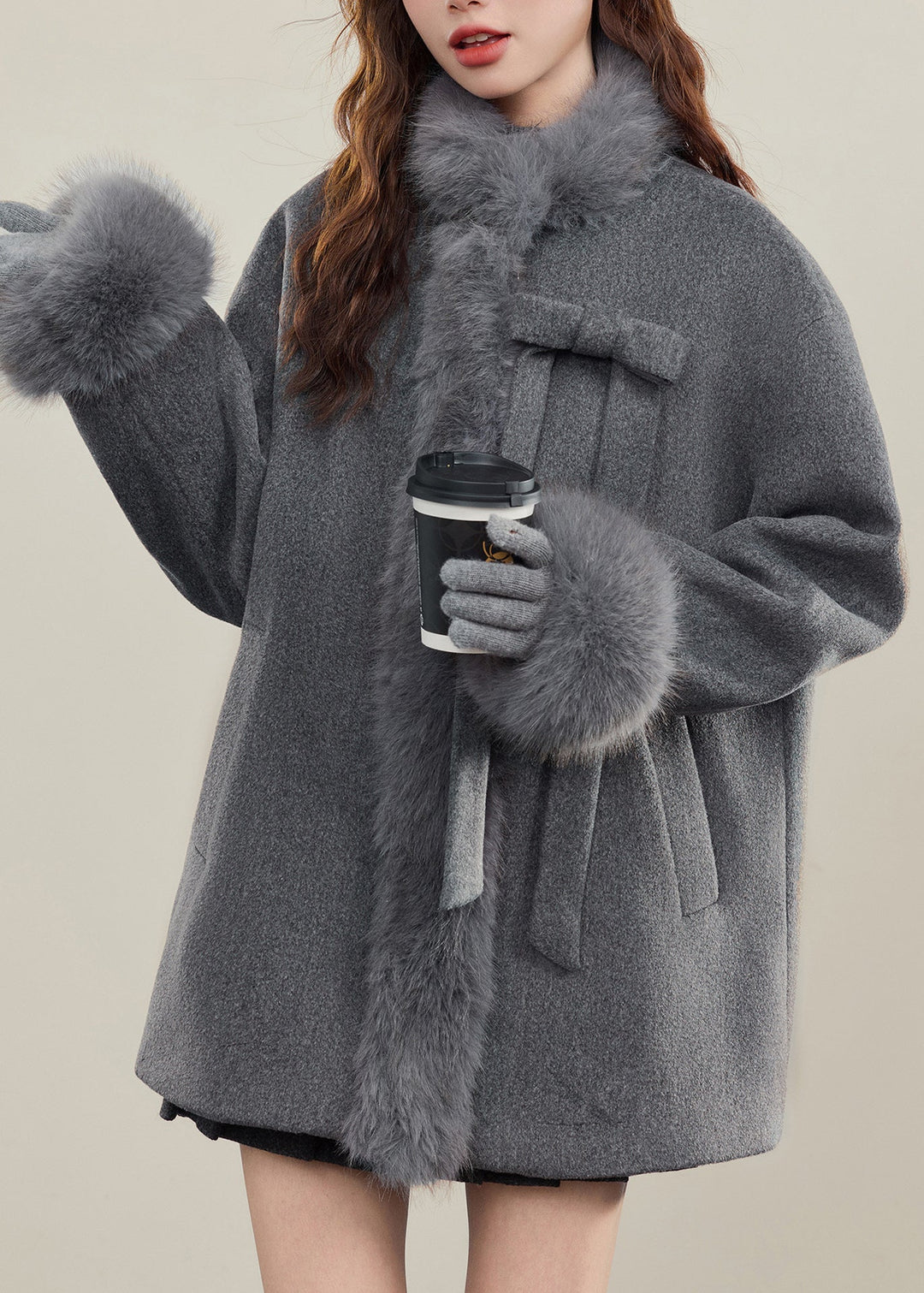 French Grey Bow Woolen Coats Fur Collar Winter