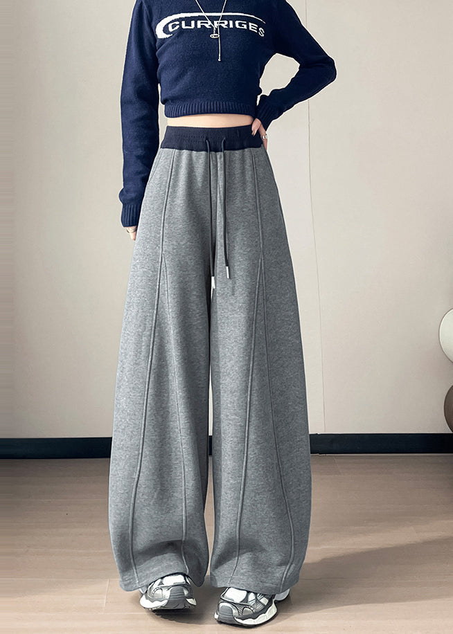French Grey Drawstring Patchwork Warm Fleece Harem Pants Winter
