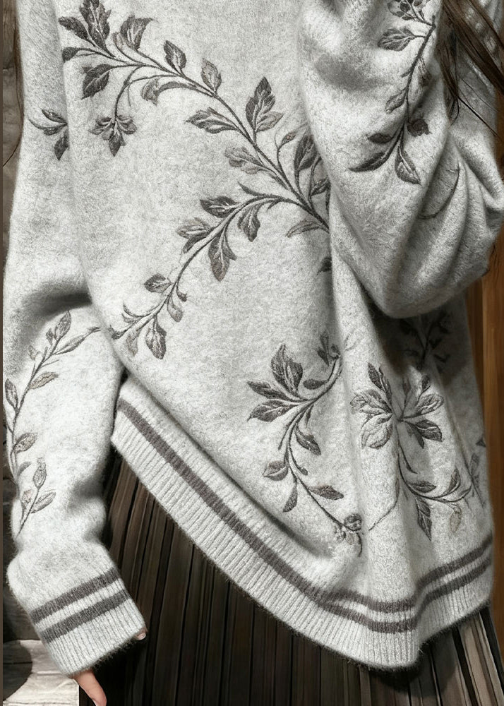 French Grey Embroidered Knit Sweater Tops Winter
