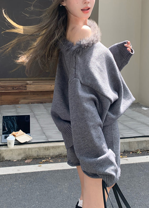 French Grey Fur Collar Cotton Knit Sweaters And Shorts Two Piece Set Spring