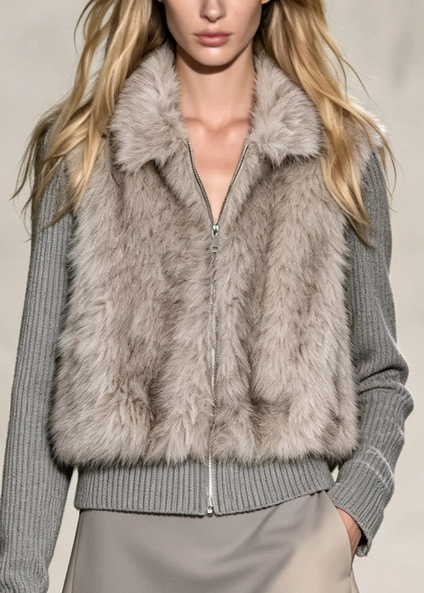 French Grey Fuzzy Fur Patchwork Knit Coat Outwear Winter