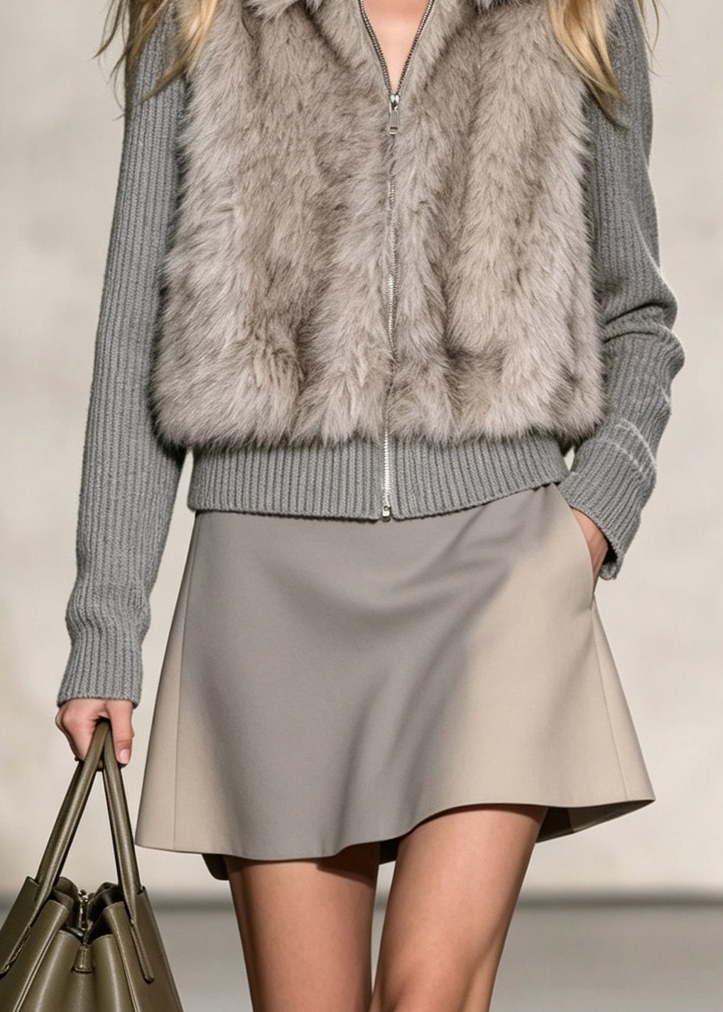 French Grey Fuzzy Fur Patchwork Knit Coat Outwear Winter