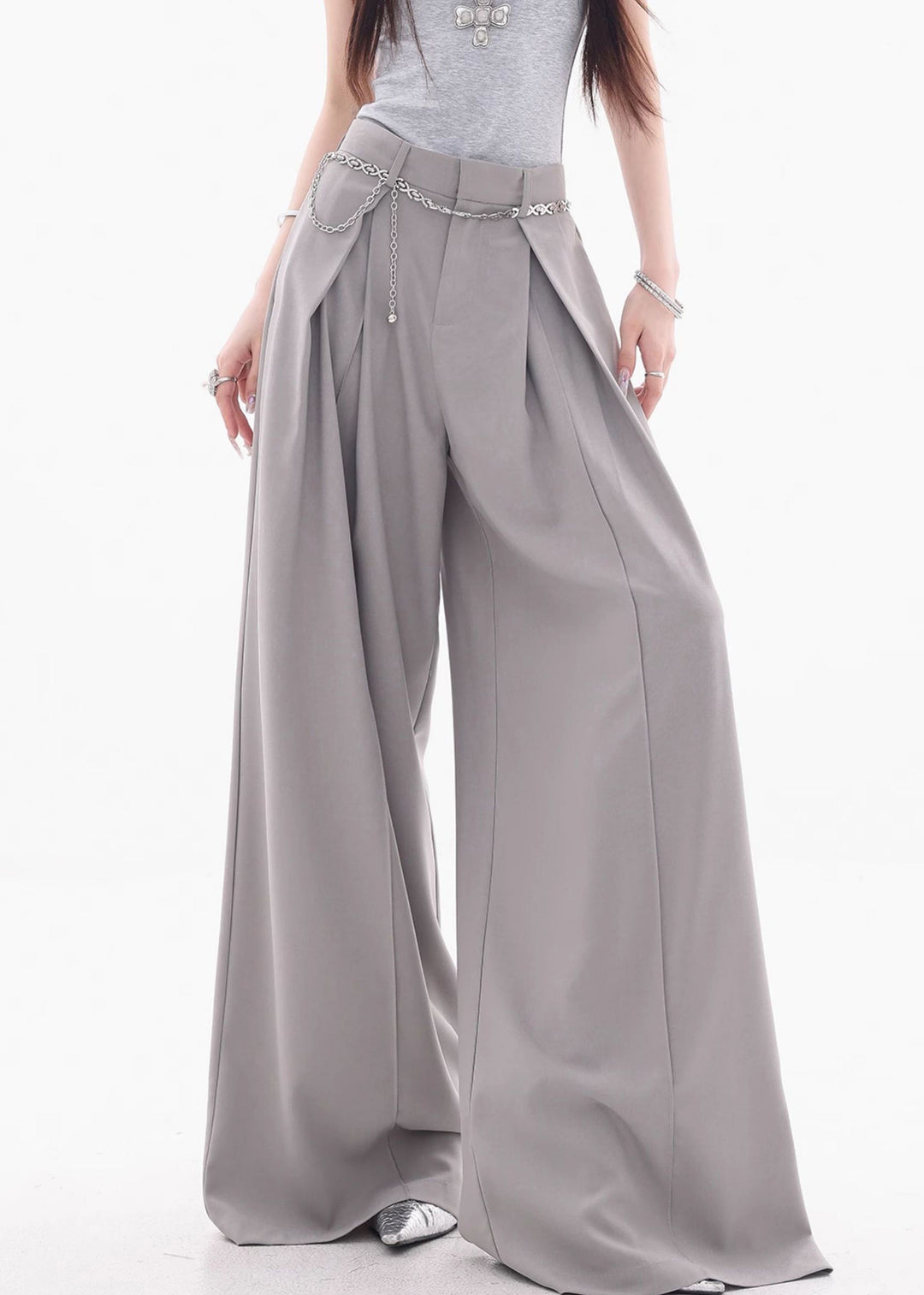 French Grey High Waist Solid Spandex Wide Leg Pants Fall