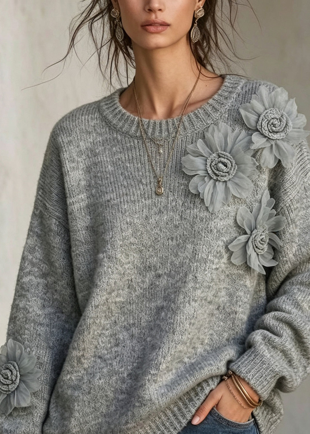 French Grey O Neck Floral Decorated Knit Sweaters Fall
