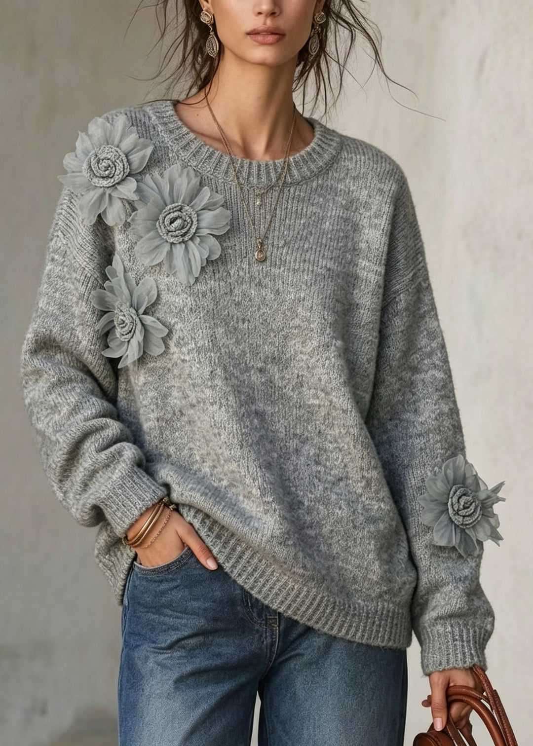 French Grey O Neck Floral Decorated Knit Sweaters Fall