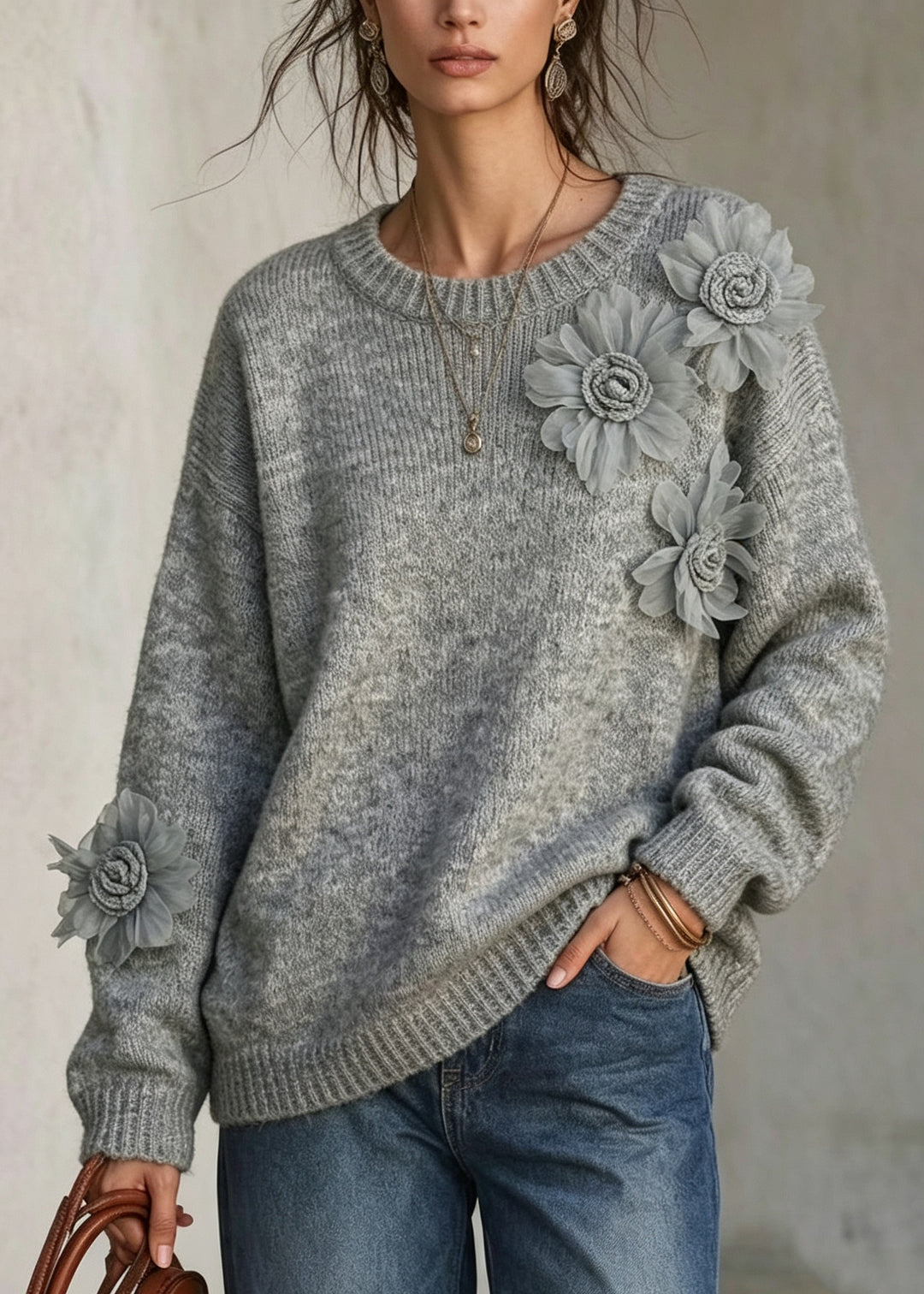 French Grey O Neck Floral Decorated Knit Sweaters Fall