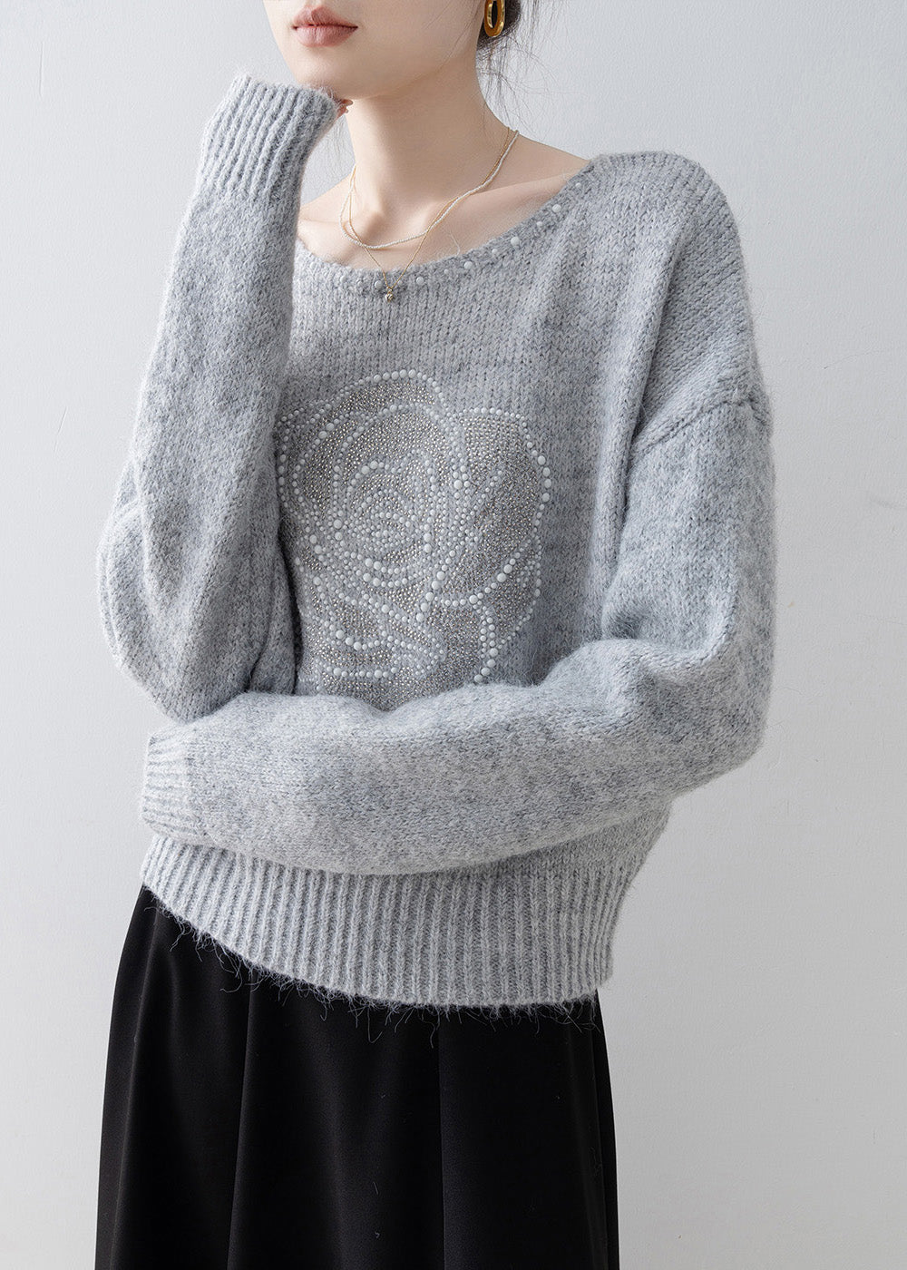 French Grey O Neck Nail Bead Knit Sweater Tops Spring