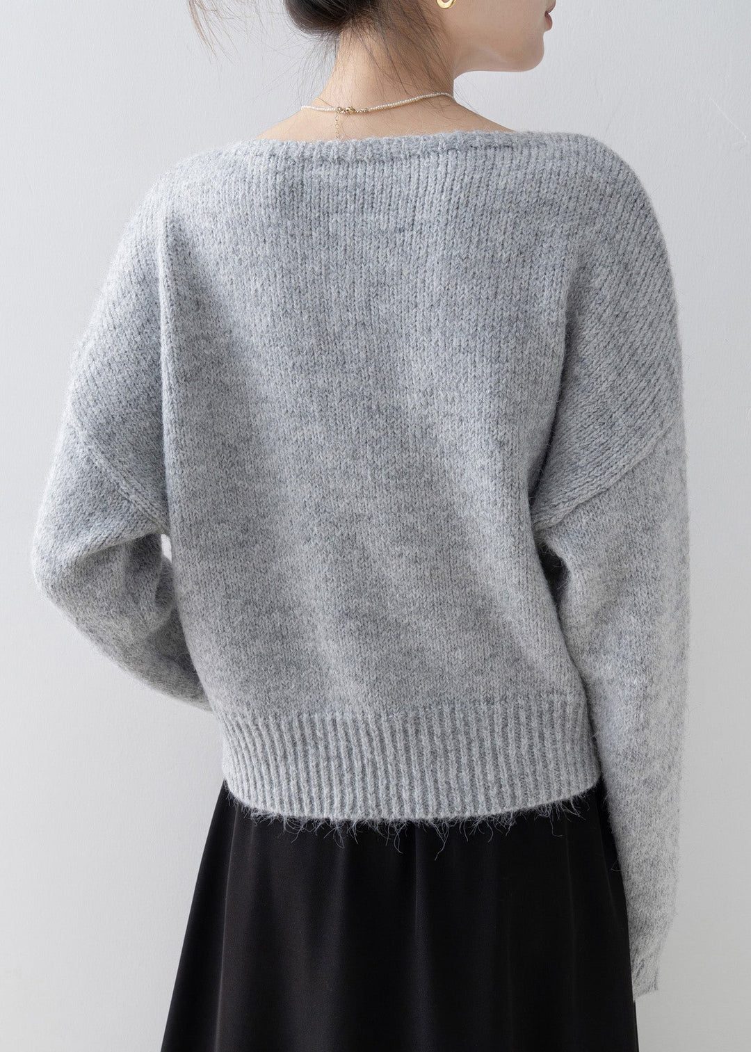 French Grey O Neck Nail Bead Knit Sweater Tops Spring