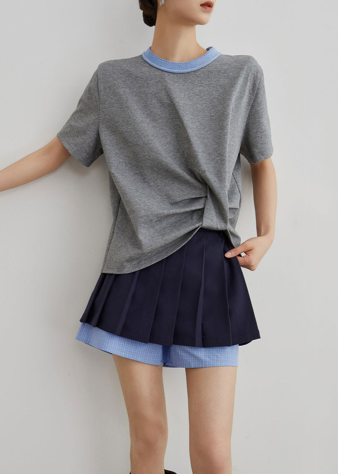 French Grey O-Neck Patchwork T Shirts And Navy Pants Skirt Cotton Two Piece Set Summer
