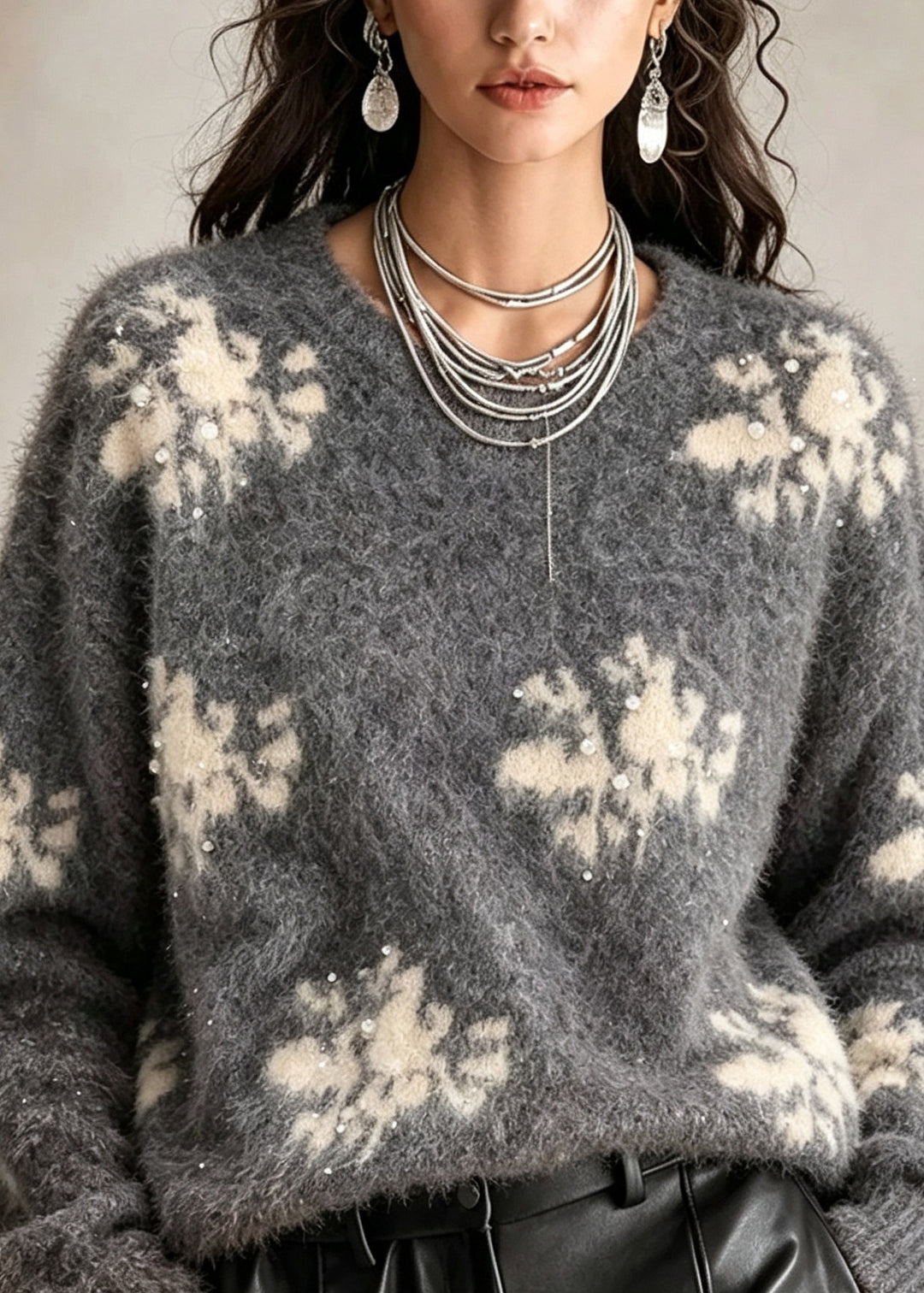 French Grey O Neck Print Nail Bead Knit Sweater Fall