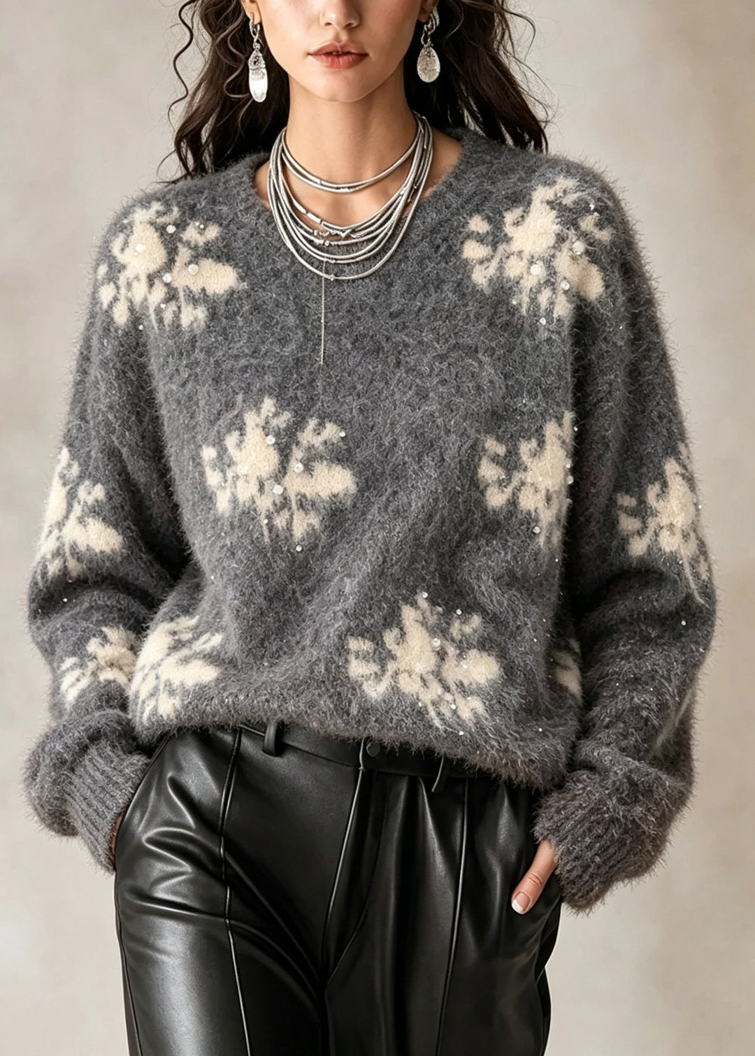 French Grey O Neck Print Nail Bead Knit Sweater Fall