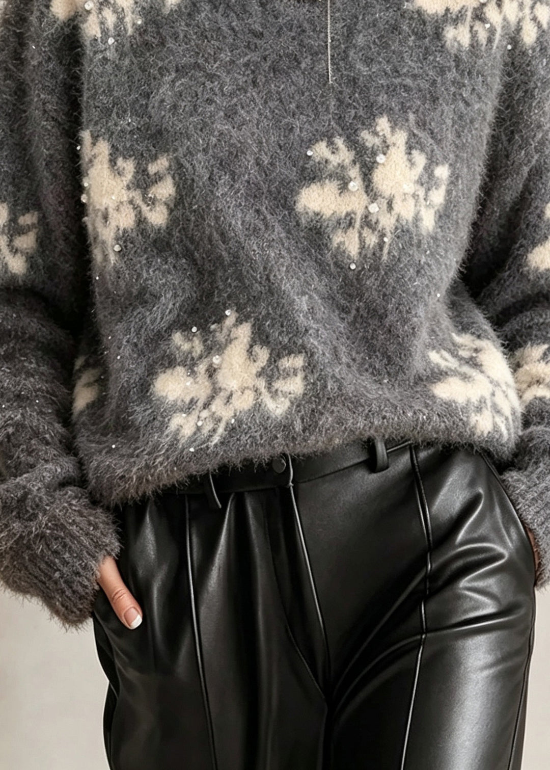 French Grey O Neck Print Nail Bead Knit Sweater Fall