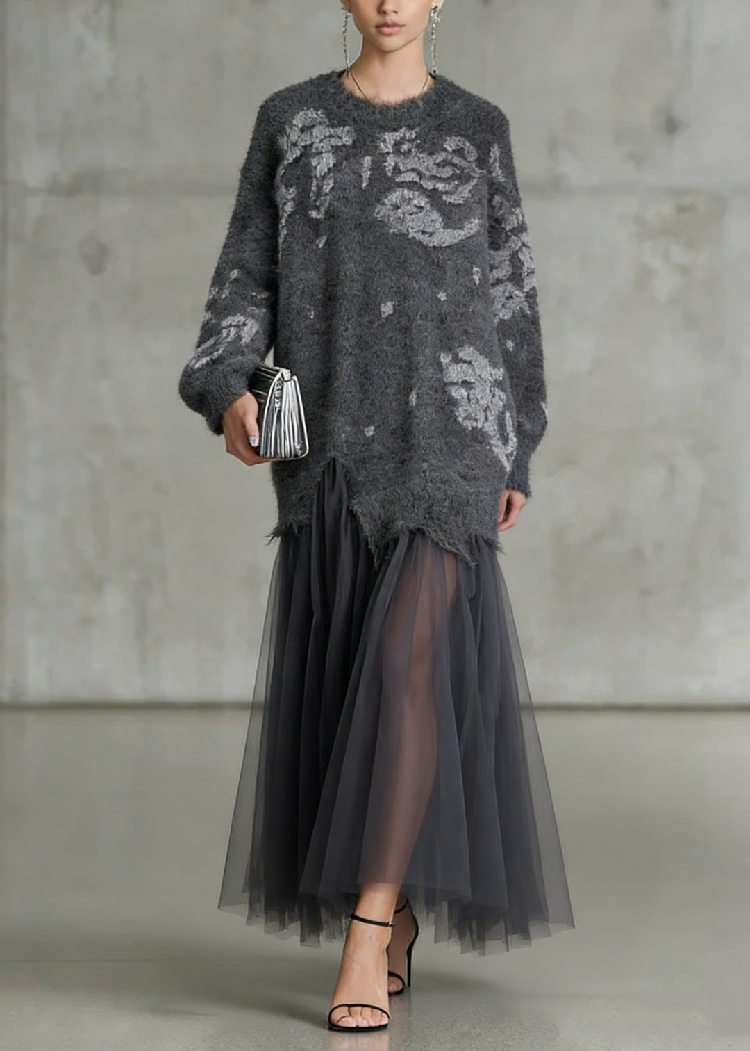 French Grey O Neck Tulle Patchwork Knit Dress Spring