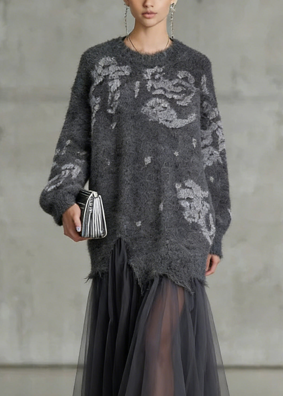 French Grey O Neck Tulle Patchwork Knit Dress Spring