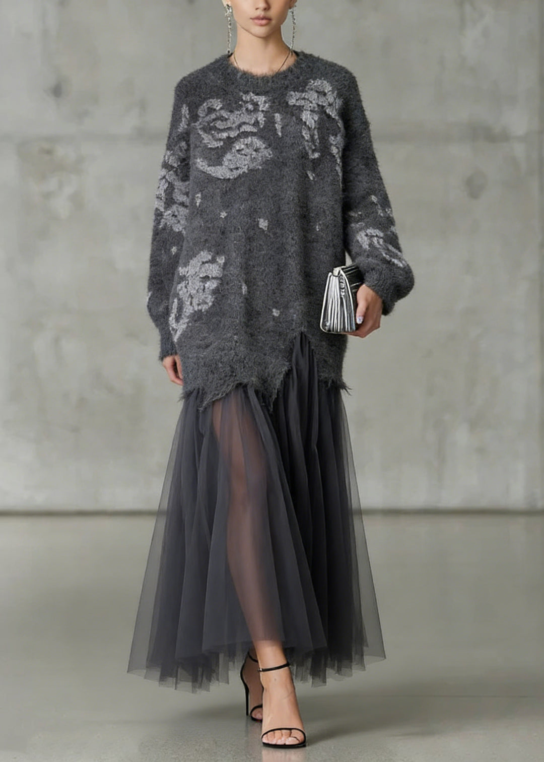 French Grey O Neck Tulle Patchwork Knit Dress Spring