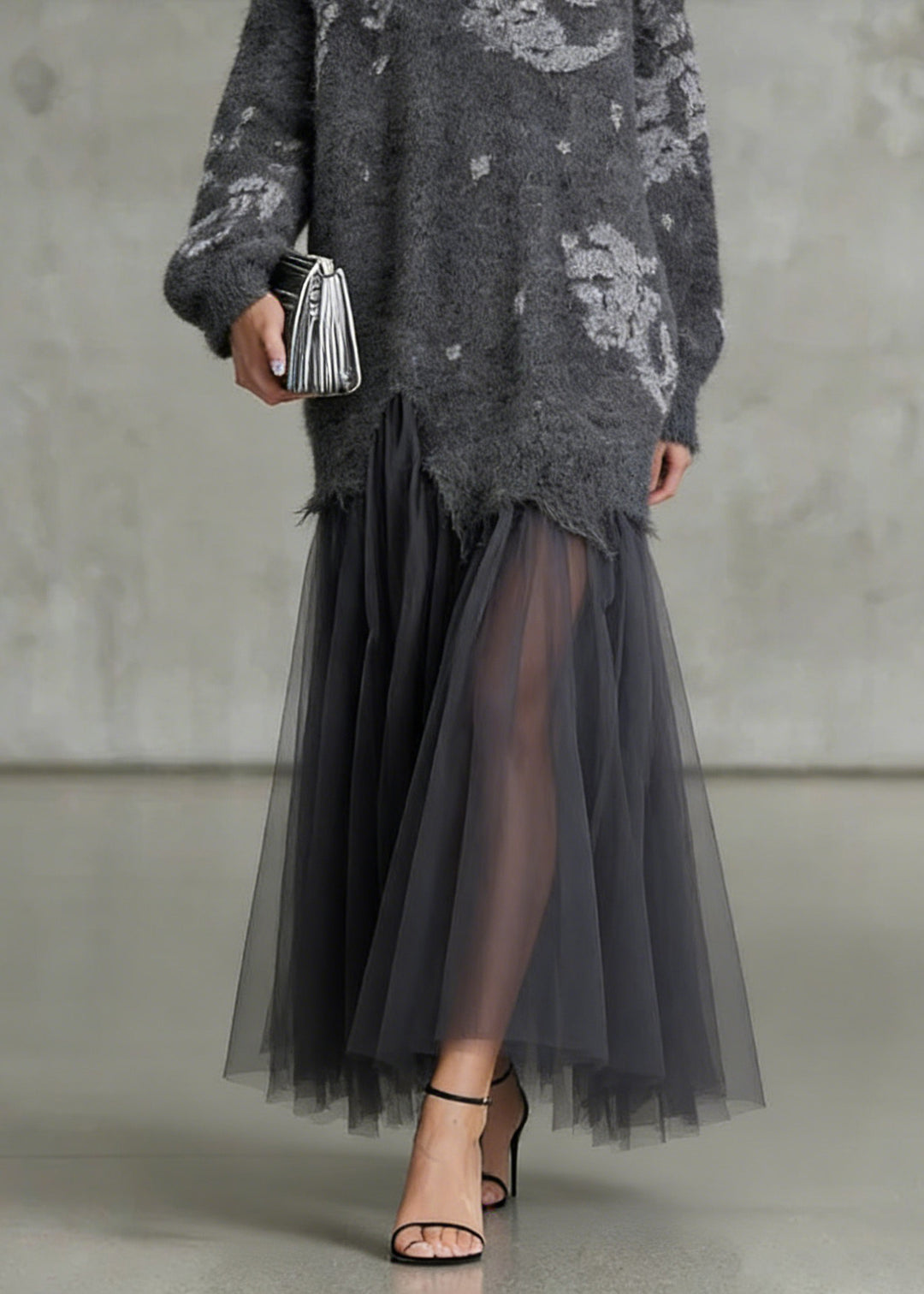 French Grey O Neck Tulle Patchwork Knit Dress Spring