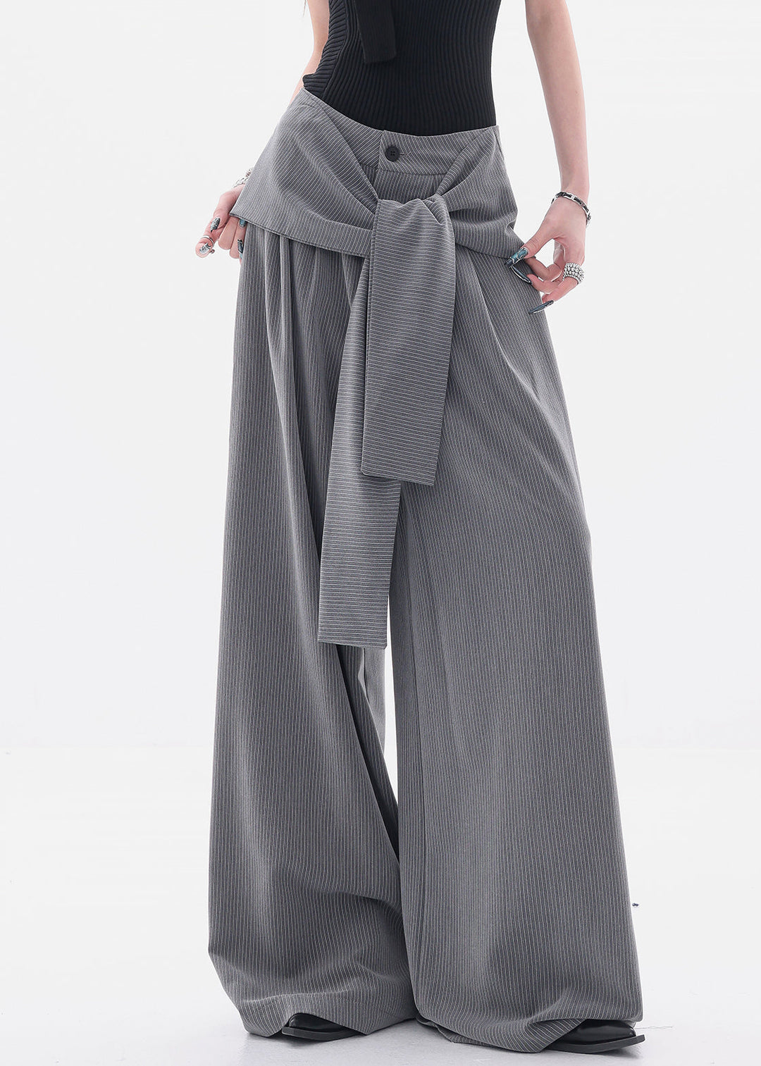 French Grey Original Design Lace Up Spandex Wide Leg Pants Fall