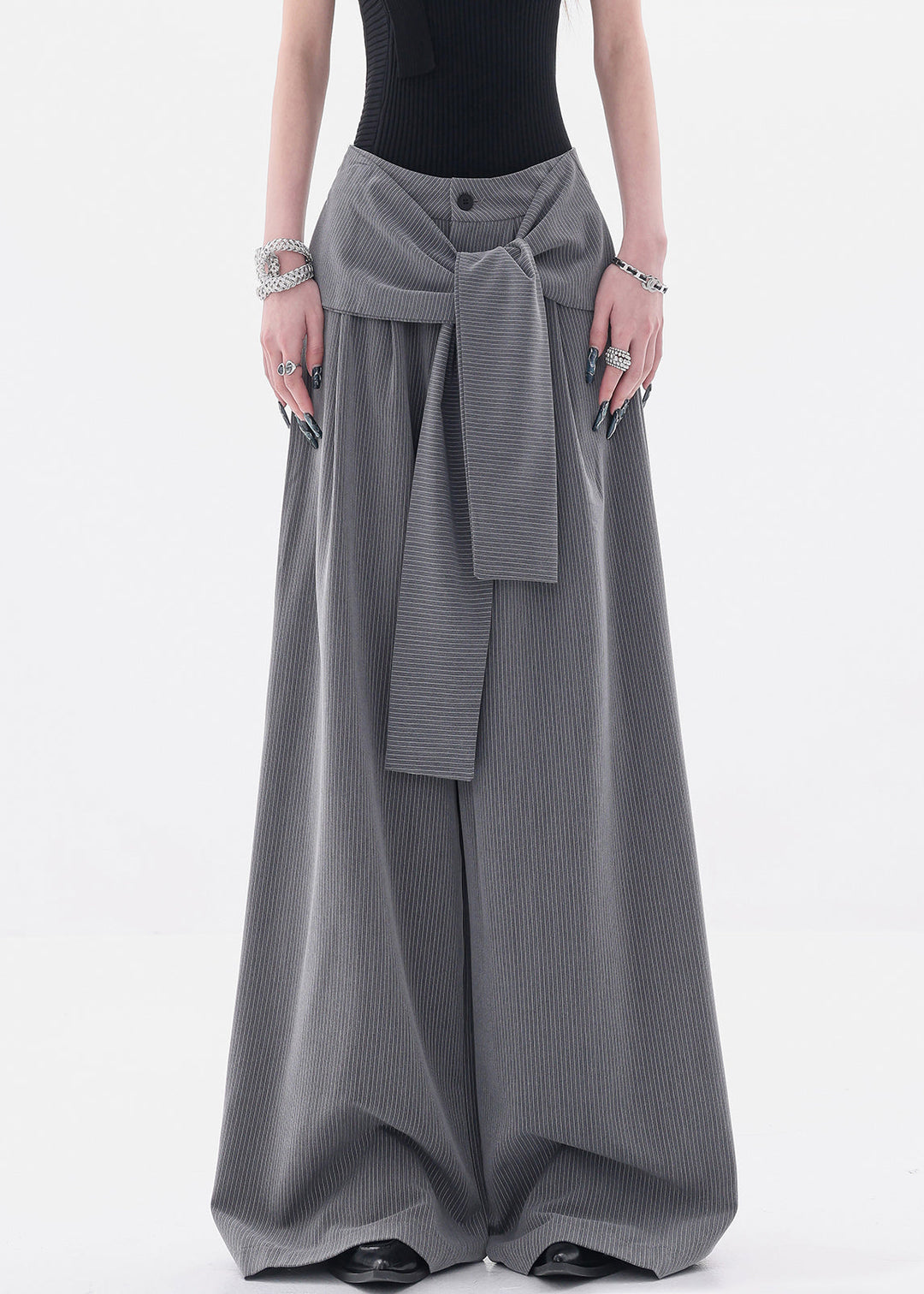 French Grey Original Design Lace Up Spandex Wide Leg Pants Fall