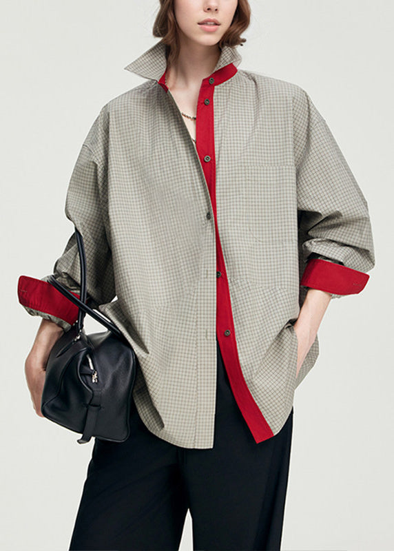 French Grey Oversized Plaid Cotton Fake Two Piece Shirts Spring