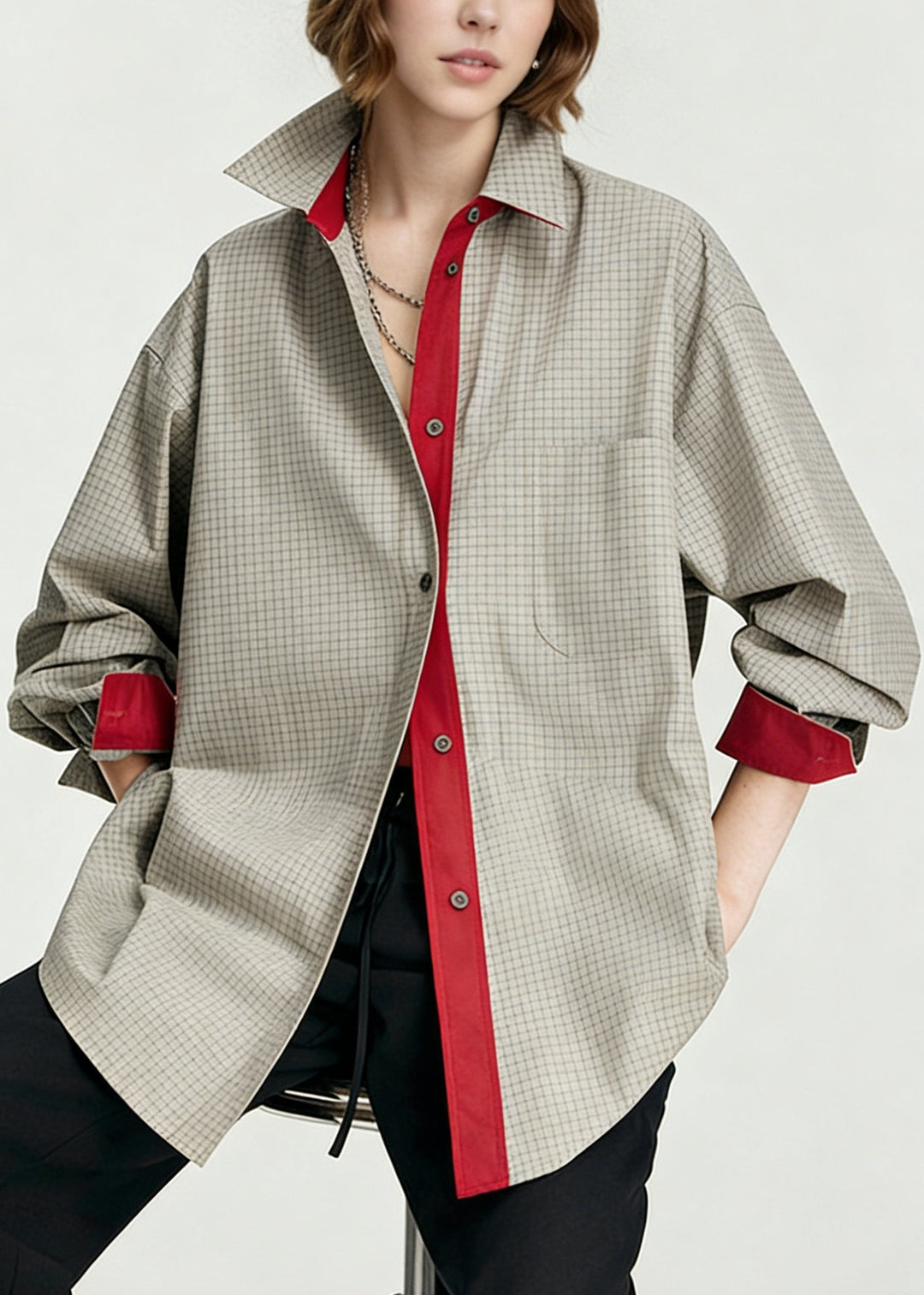 French Grey Oversized Plaid Cotton Fake Two Piece Shirts Spring