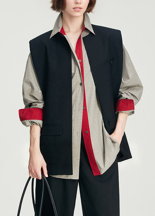 French Grey Oversized Plaid Cotton Fake Two Piece Shirts Spring