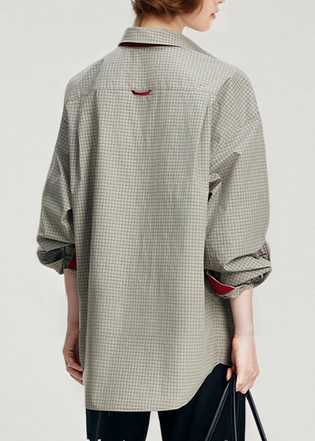 French Grey Oversized Plaid Cotton Fake Two Piece Shirts Spring
