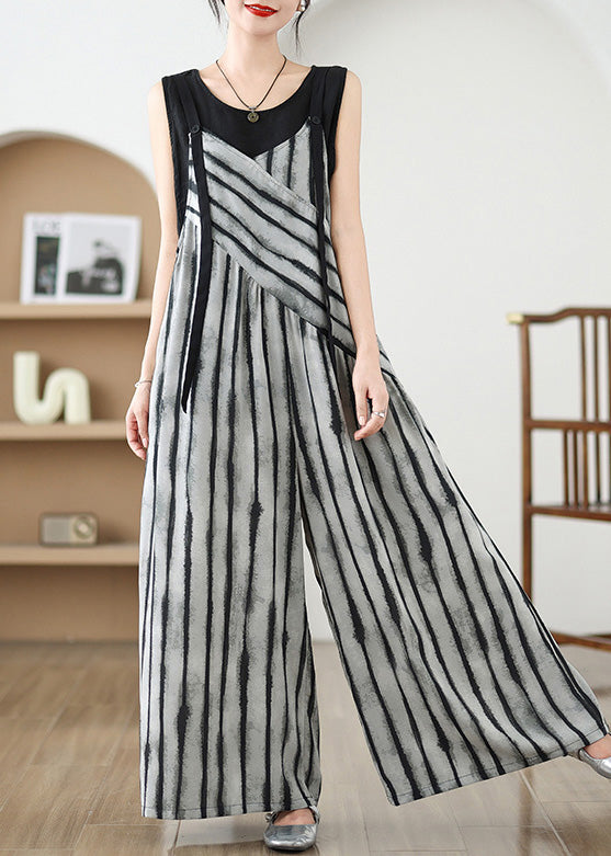 French Grey Oversized Striped Jumpsuits Summer